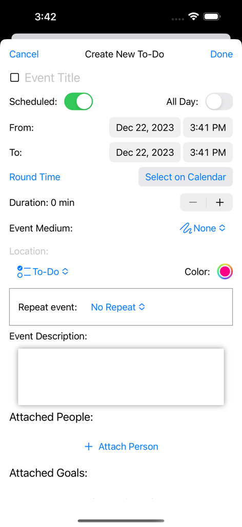 The North 40 - Criar um novo evento de tarefa no aplicativo The North 40 com opções de agendamento de horário e rastreamento de metas.