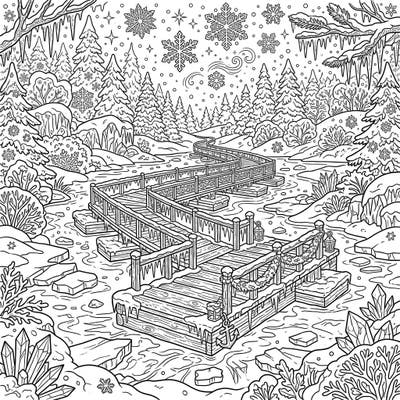 Step into a breathtaking winter wonderland with this exquisite coloring page featuring a winding pontoon bridge. Capture the serene beauty of a snowy forest and icy waters with your creative touch.