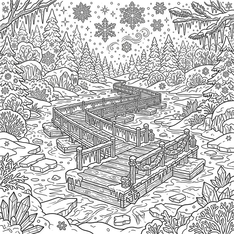 Step into a breathtaking winter wonderland with this exquisite coloring page featuring a winding pontoon bridge. Capture the serene beauty of a snowy forest and icy waters with your creative touch.