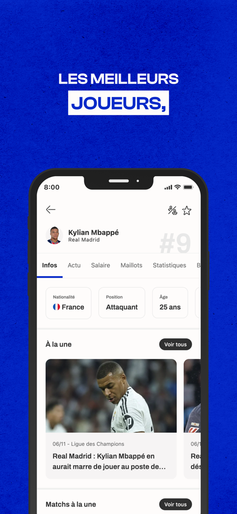 Foot Mercato : Transferts - Pantalla del perfil del jugador Kylian Mbappé en la aplicación Foot Mercato