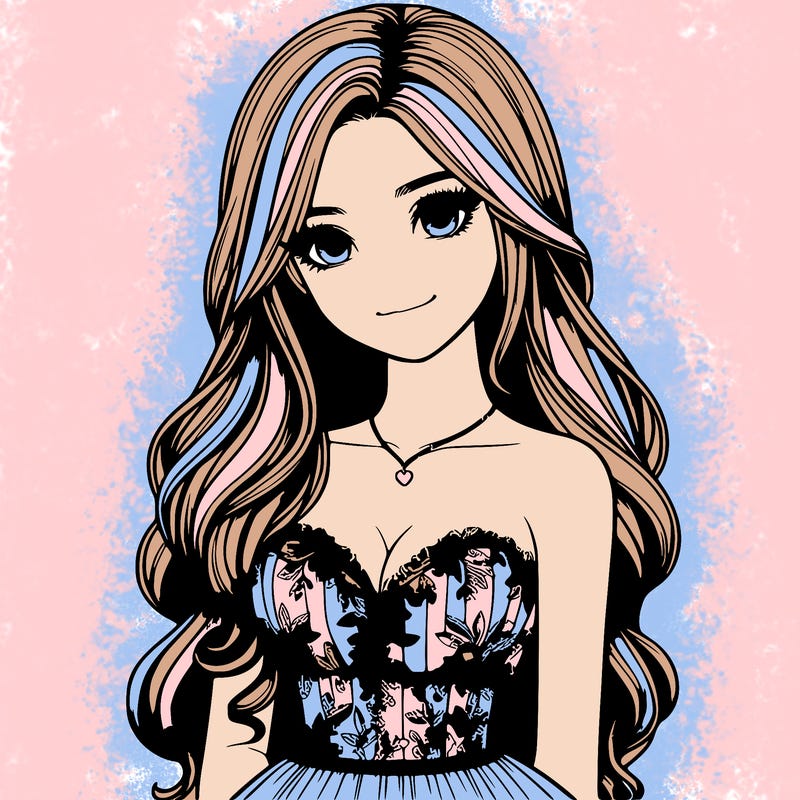 realistic girl with long hair and pretty prom dress