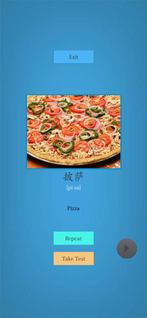 Learn Chinese Easily - Chinese vocabulary learning screen displaying the word for pizza with an image and pinyin pronunciation