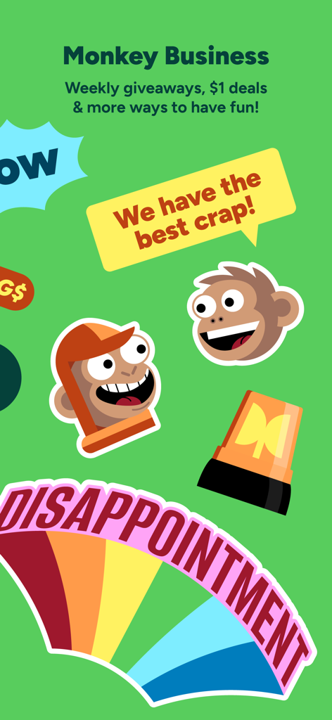 Promotional screen for the Woot app featuring monkey mascots and weekly giveaways