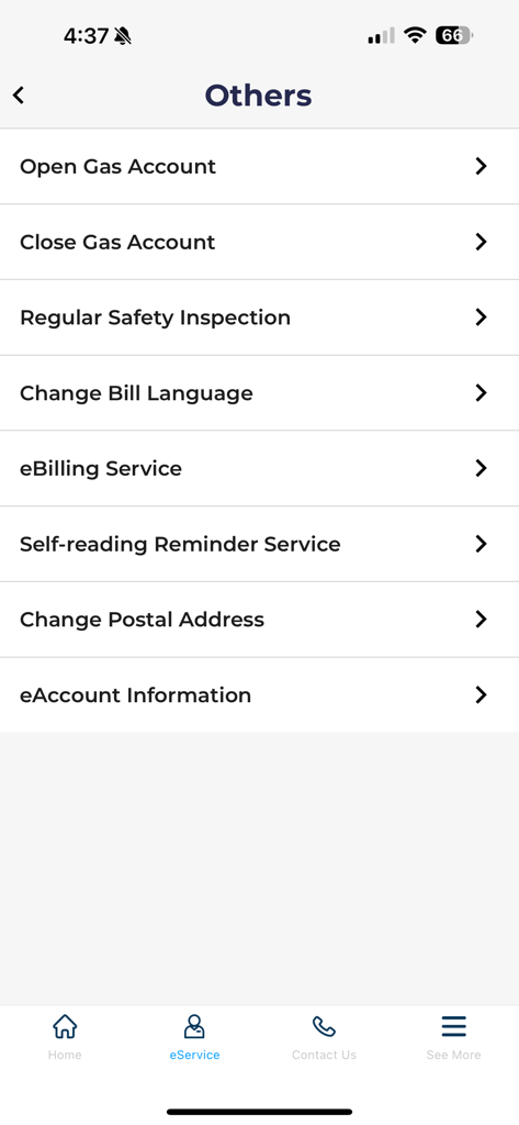 Towngas 煤氣公司 - Towngasアプリの追加サービスオプションのリスト。口座の開設または閉鎖、安全点検などが含まれます。