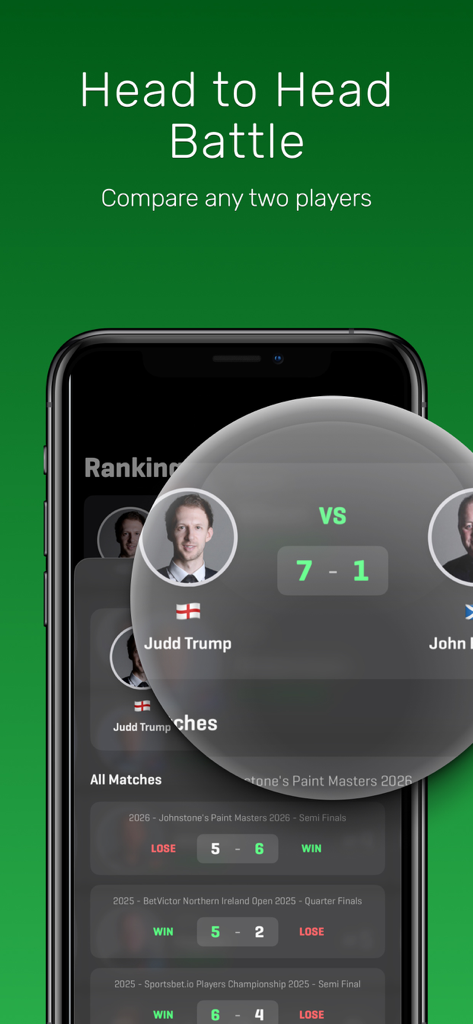 World Snooker Online - World Snooker Online app screen showing the Head to Head Battle feature for comparing player stats and match history