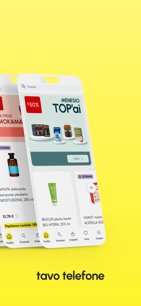 CAMELIA vaistinė - Screenshot der Camelia Vaistine mobilen Apotheken-App, die Sonderangebote und Produktkategorien auf gelbem Hintergrund zeigt.