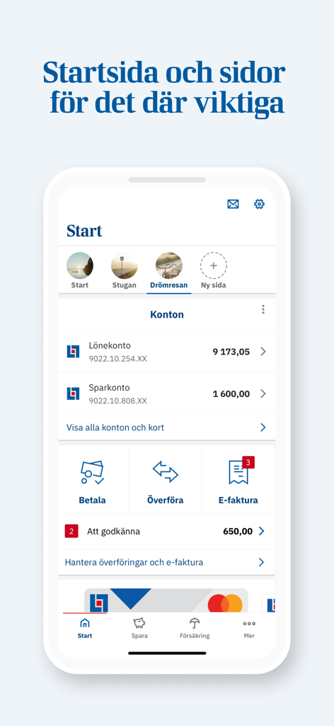 Panel de la aplicación móvil Länsförsäkringar que muestra saldos de cuentas bancarias, accesos directos de pago y pestañas de navegación financiera