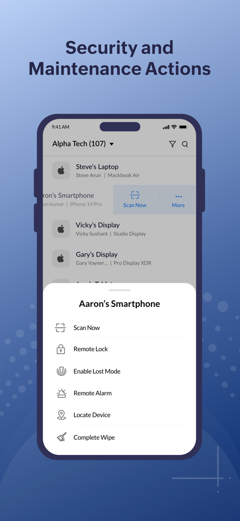 Interfaccia dell'app Mobile Device Manager Plus MSP che mostra azioni di sicurezza e manutenzione come Blocca Remoto e Cancella Completa per uno smartphone.