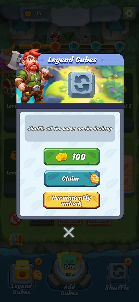 Cube Legend: Sort and Merge - Legend Cubes shuffle menu in Cube Legend game featuring a dwarf character and purchase options