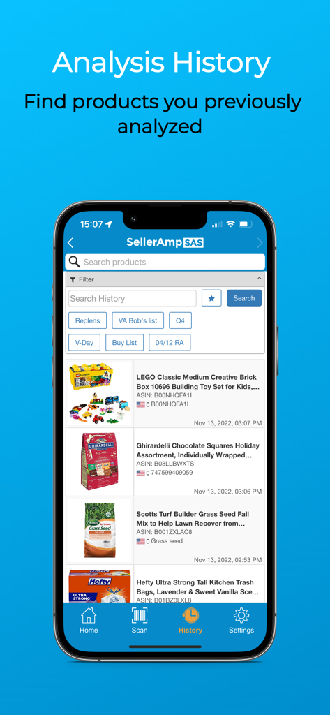 SellerAmp SAS mobile app analysis history screen showing previously searched products on an iPhone