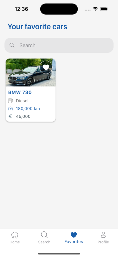 autopoint.mk - The favorites screen of the autopoint app showing a saved black BMW 730 car listing with mileage and price information.