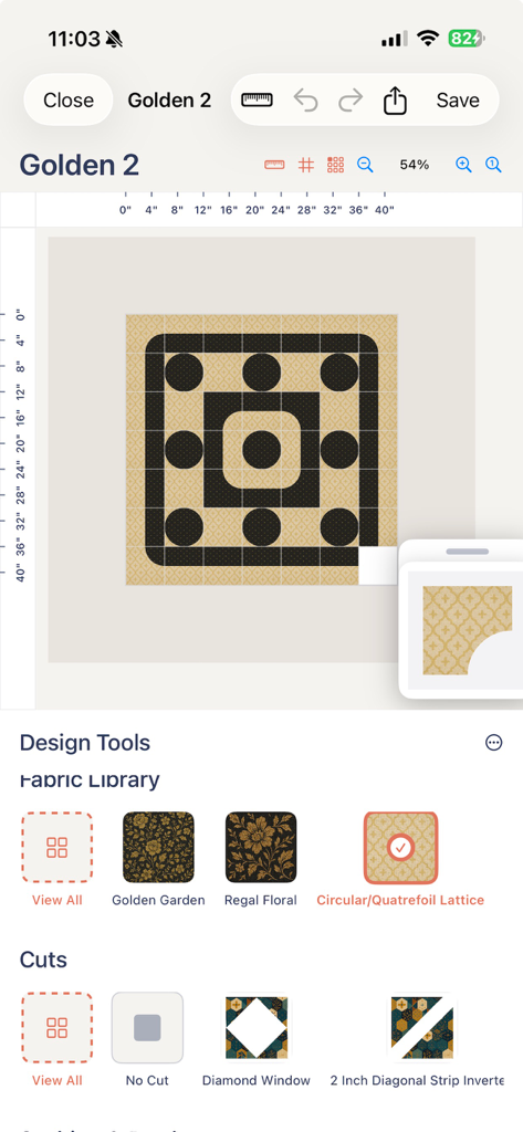 The Quiltler 3 app interface showing a custom quilt design layout with fabric library and cutting tools