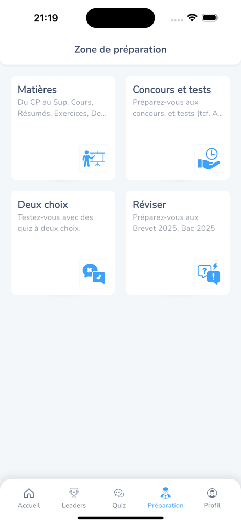 ReviseClasse : Brevet Bac Sup - Dashboard da aplicação ReviseClasse mostrando opções de preparação de estudo para exames franceses como Brevet e Bac, incluindo disciplinas e questionários
