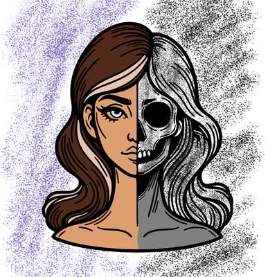 bust of a woman, half face and hair, half skull