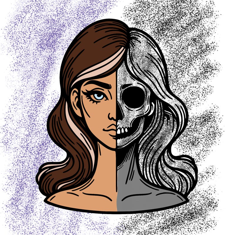 bust of a woman, half face and hair, half skull