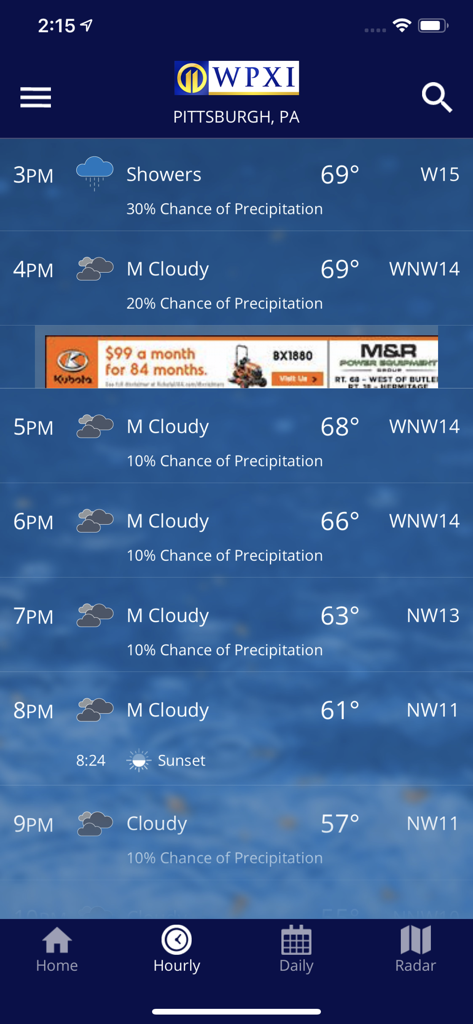 WPXI Severe Weather Team 11 - WPXI Severe Weather Team 11 hourly forecast for Pittsburgh showing hourly temperatures and weather conditions.