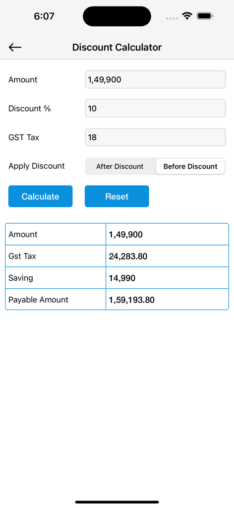 GST税と節約計算を表示するモバイル割引計算機の画面。