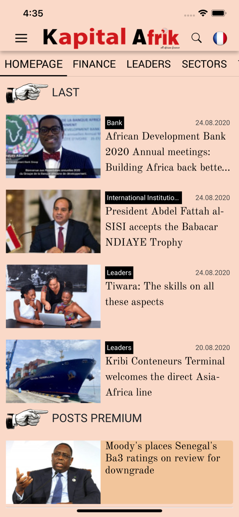 Financial Afrik - Screenshot of the Financial Afrik mobile app news feed showing financial articles and reports about the African economy and leadership.