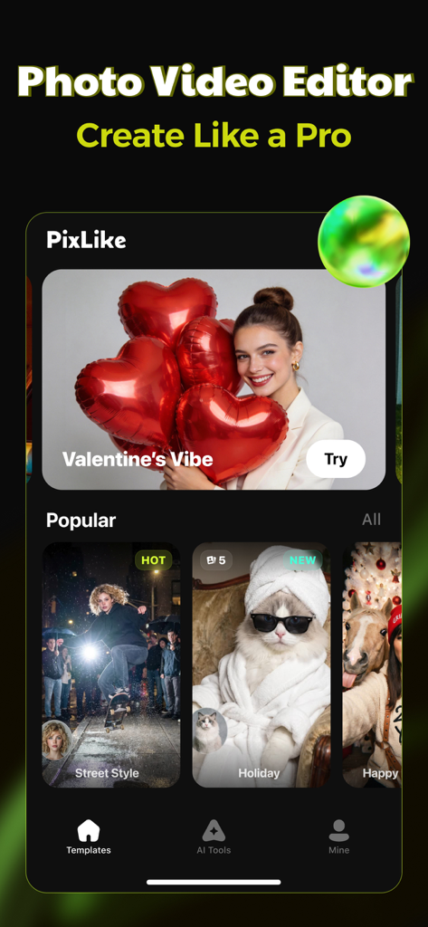 PixLike: Photo & Video Editor - Interface do aplicativo PixLike mostrando modelos de foto para vídeo em alta para criadores de mídia social.