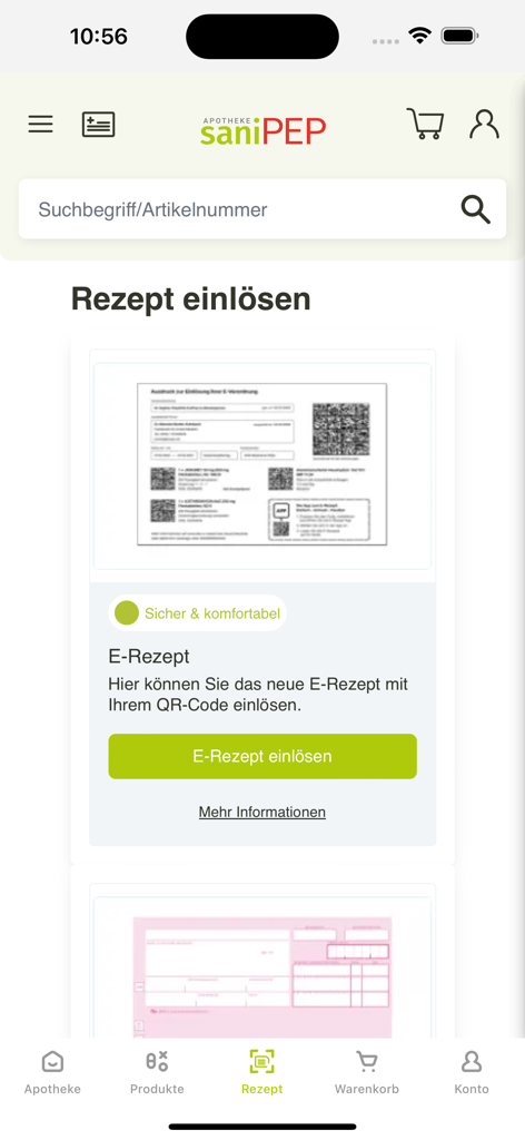 saniPEP Apotheke - Interfaz de la app saniPEP Apotheke mostrando la pantalla de canjear receta electrónica con una muestra de código QR