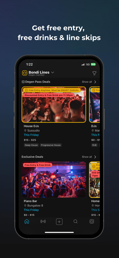 LINES Your Go-To For Going Out - A mobile app interface displaying exclusive nightlife deals including free entry, free drinks, and line skips at local clubs.