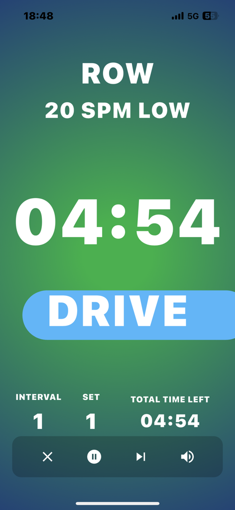 The RowAlong App - The RowAlong App workout screen showing a countdown timer and stroke rate of 20 SPM