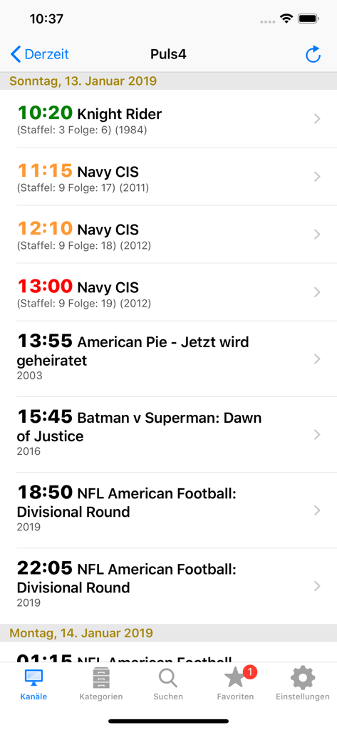 Mobile app interface showing a TV program guide for the Puls4 channel