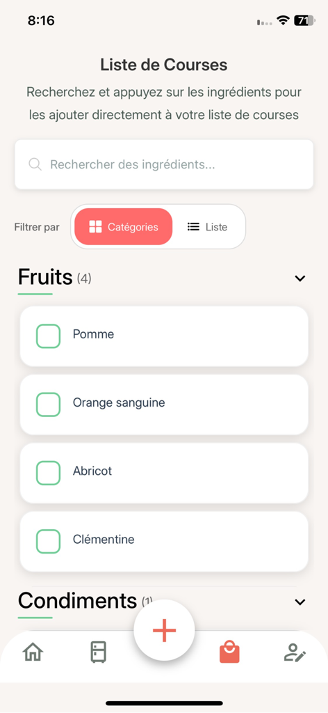 Kook • AI-powered Cooking - A mobile app screen for Kook showing a categorized shopping list for ingredients.