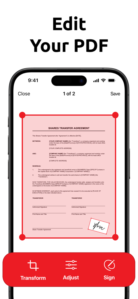 PDF共有譲渡契約書を編集および署名するためのモバイルアプリインターフェース。変換および調整ツールが含まれています。