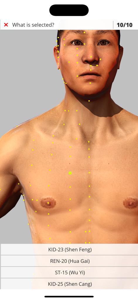Visual Acupuncture 3D - An interactive 3D acupuncture point identification quiz showing a human anatomical model with multiple meridian points.