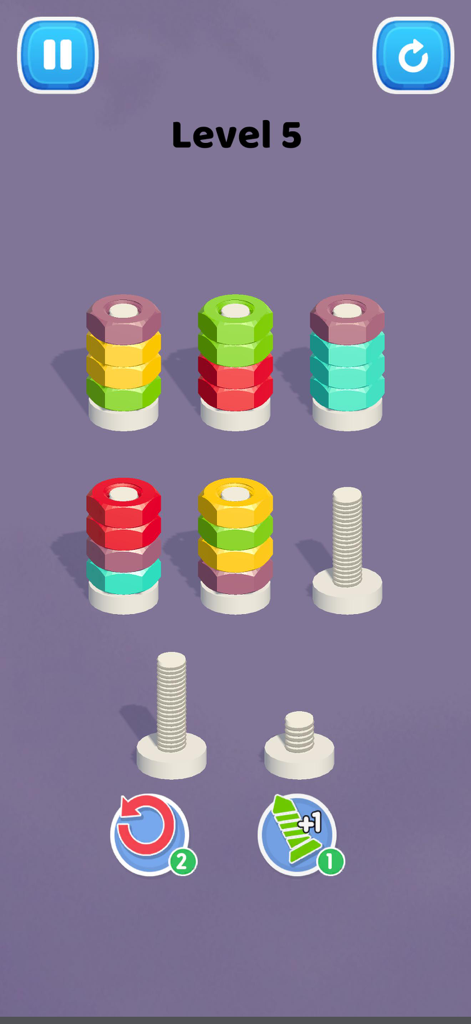 Organize ASMR: Tidy Games - A sorting puzzle level from Organize ASMR showing colorful nuts stacked on white bolts for organization.