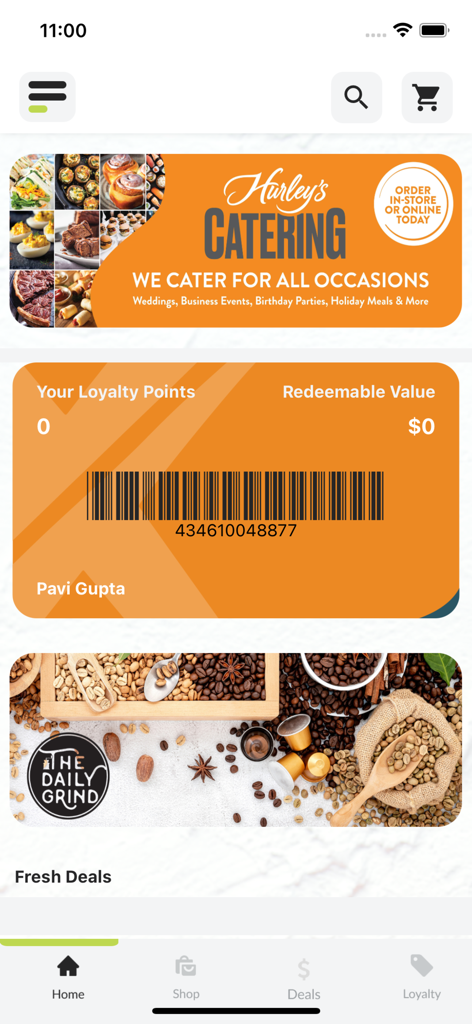 Hurleys app home screen featuring a digital loyalty card and catering services