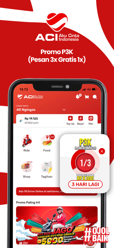 Dashboard of the ACI app showing ride food and shop services with an active promotional offer