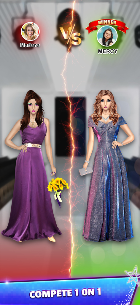 Fashion - Dress Up Games - Dos modelos con elegantes vestidos de noche compitiendo en un desafío de estilista de moda 1 contra 1.