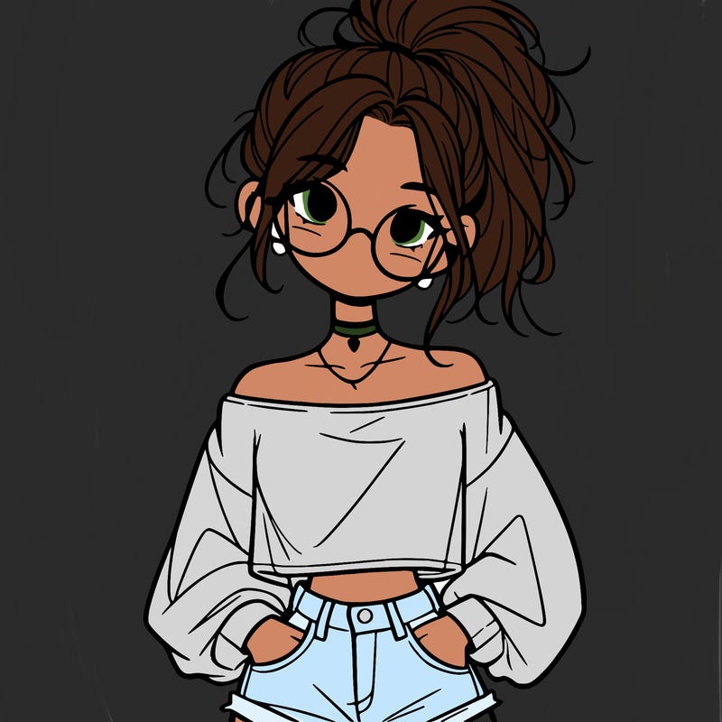 girl with a messy ponytail glasses a baggy crop top and jean shorts