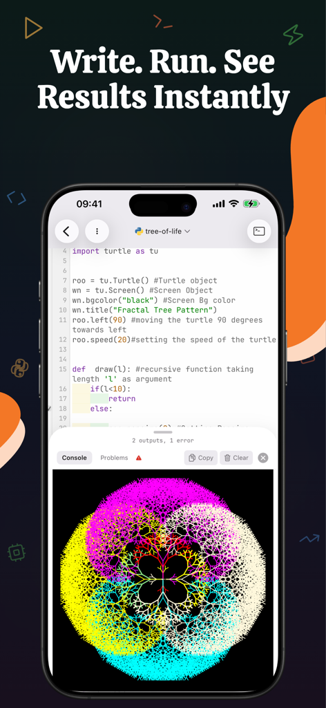 Python - IDE Coding PyNote - Python IDE on iPhone showing Turtle graphics code and a colorful fractal tree output