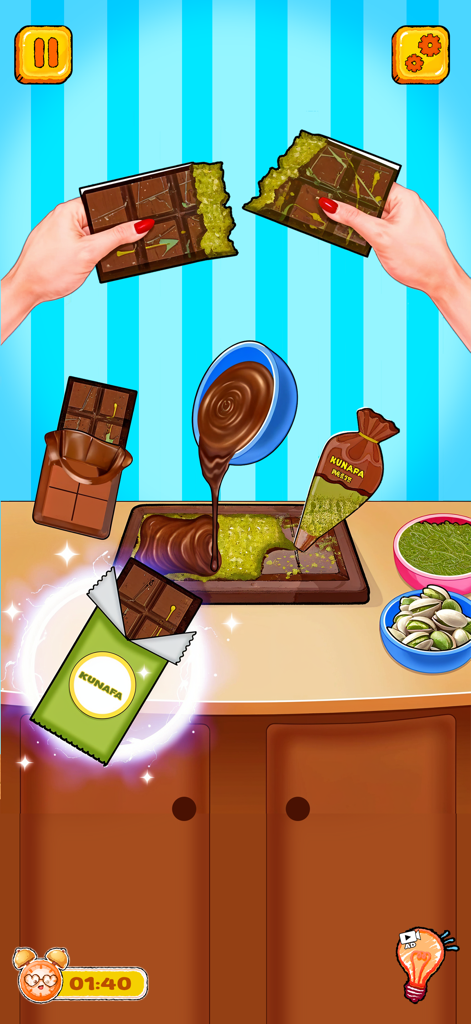 ASMR Master - Mukbang Eating - Preparation of a viral kunafa pistachio chocolate bar in the ASMR Master mobile game