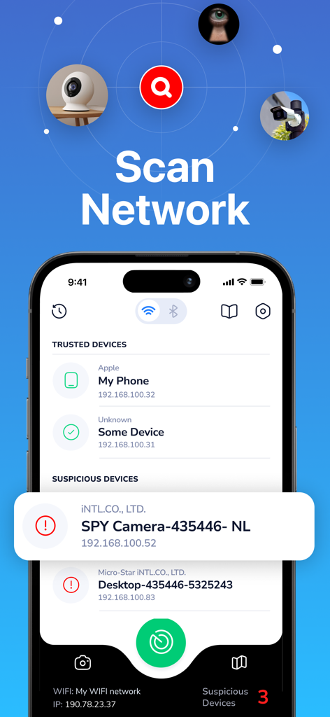 Hidden Spy Camera Finder Pro - Interfaz de smartphone de Localizador de Cámaras Ocultas Pro mostrando un escaneo de red detectando dispositivos confiables y sospechosos.