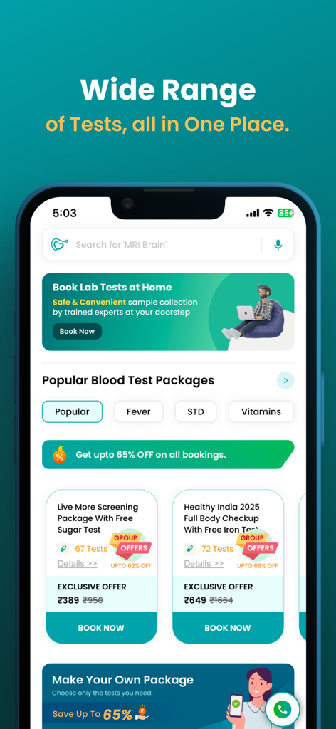 Healthians - Full Body Checkup - Interface de l'application Healthians montrant différents forfaits de tests sanguins et options de réservation de tests de laboratoire.