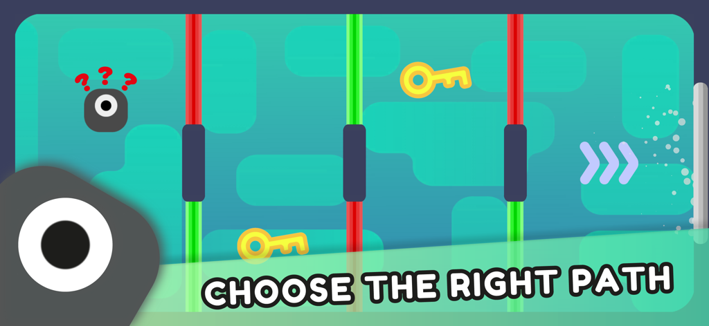 A minimalist level in the Coloured Doors game showing keys and colored vertical lines with the text Choose the Right Path