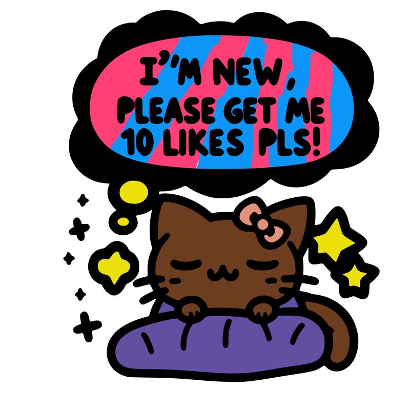 kitty taking a nap dream talking and saying "i'm new, please get me at least 10 likes pls!!"