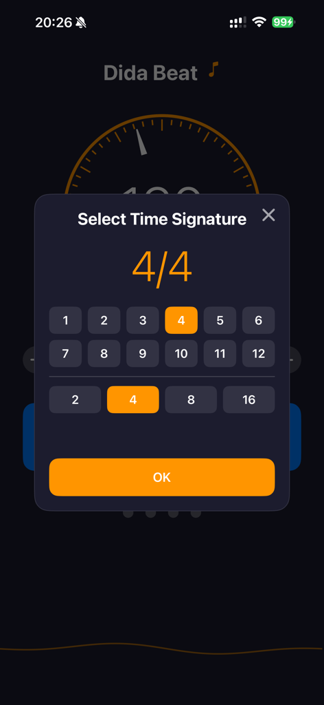 嘀嗒拍 - A time signature selection menu in the Dida Beat metronome app showing a 4 over 4 setting with multiple beat options