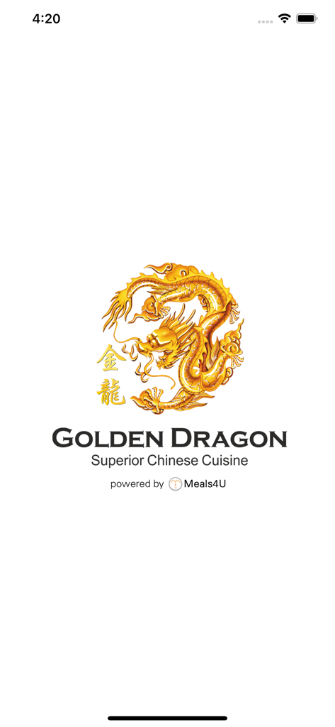 Golden Dragon Truro - Pantalla de presentación de la aplicación Golden Dragon Truro con el logotipo del dragón dorado y marca para una cocina china superior