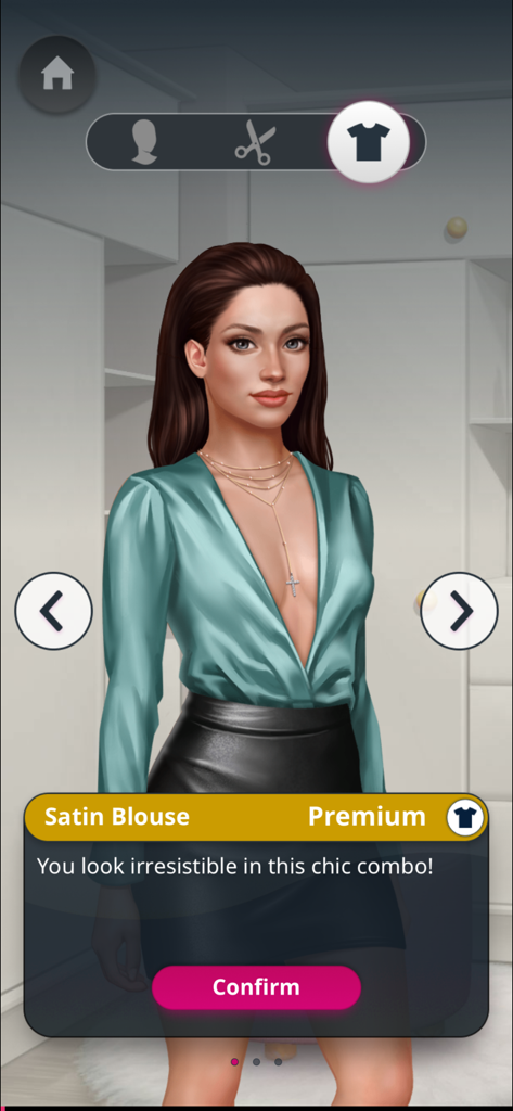 A female character customization screen in Tabou Stories showing a premium satin blouse and black skirt outfit