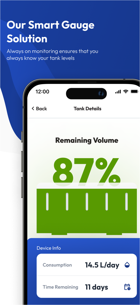 Corrib Oil - Corrib Oil app interface showing remaining fuel volume and consumption statistics