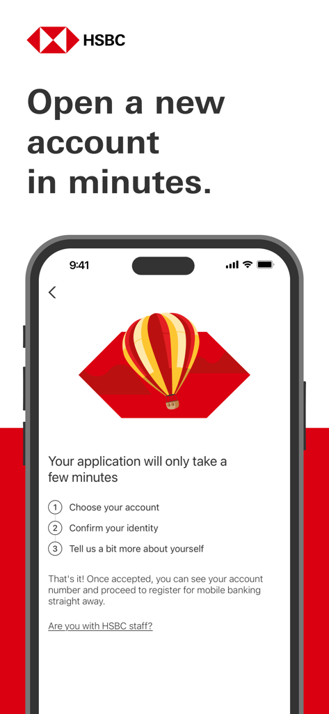 HSBC Singapore - HSBC Singapore mobile app screen showing a quick three-step process to open a new account