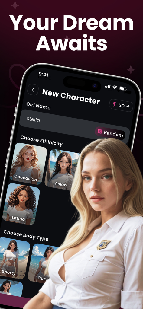 AI companion customization screen in the LaMi app showing character creation options including name ethnicity and body type