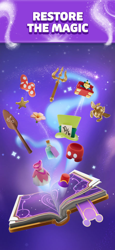 Disney Magic Match 3D - Un libro mágico con tesoros icónicos de Disney flotando sobre él en Disney Magic Match 3D