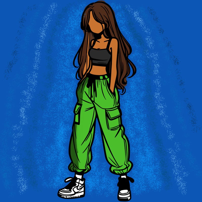 girl in baggy pants crop top and long hair