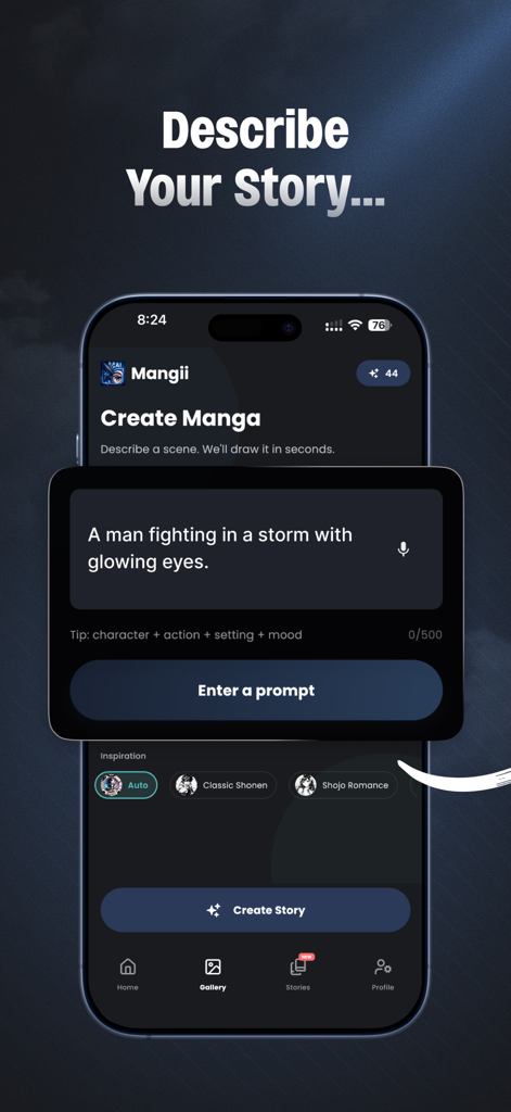 Mangii: AI Manga & Anime Art - Mangii app interface showing a text prompt for generating AI manga art